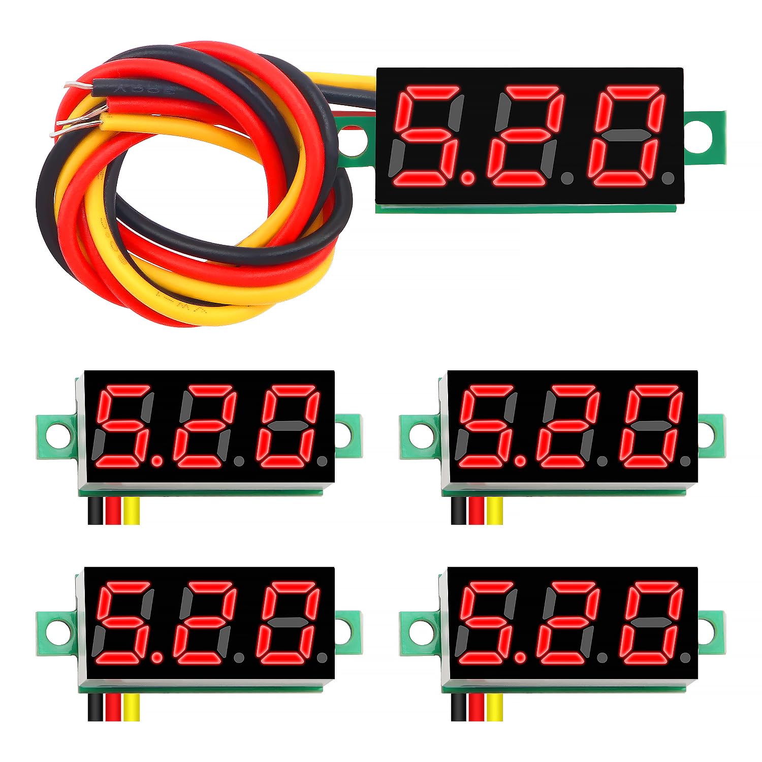 YIXISI 5 PCS DC 0-100V Gauge Tester 0.28", 3 Wires Mini Digital LED Voltmeter Display with Reverse Polarity Protection and Accurate Pressure Measurement Voltage Tester (Red)