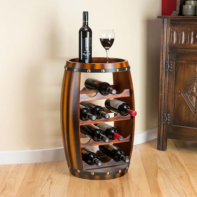 Christow Wooden Barrel Shaped Wine Rack 14 Bottle Holder Oak Effect