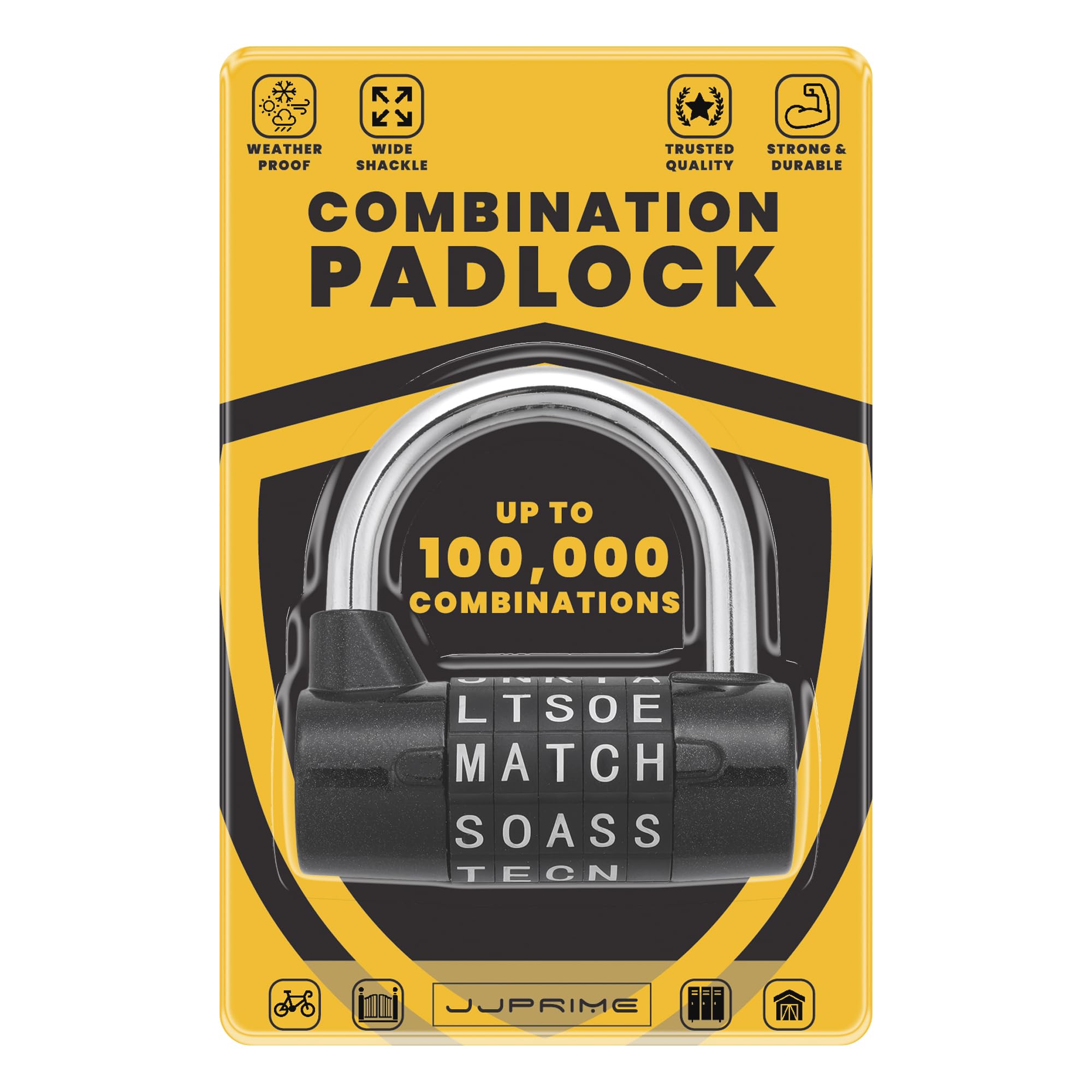 JJ PRIME - 5 Letters Combination Padlock, Outdoor Combination Padlock, Black 8mm