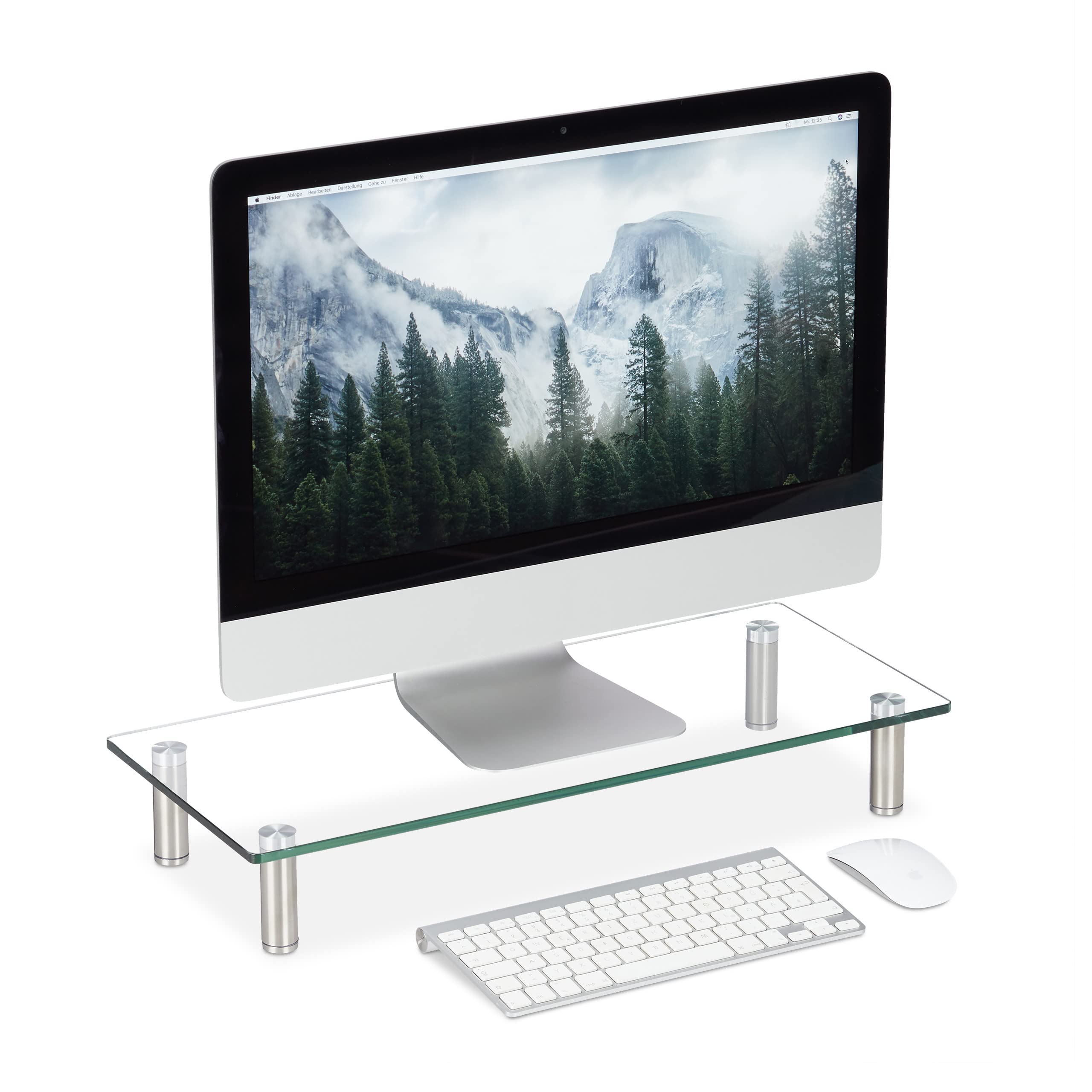 Relaxdays Glass Display Stand, TV Pedestal, Notebook Riser, Height-Adjustable 9-11 cm, W x D: 56 x 24 cm, Clear