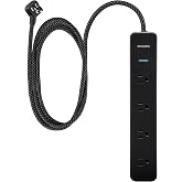 Philips Surge Protector Power Strip, 4 Ft Braided Extension Cord | 4 Outlet Extender (Wide Spaced), 450 Joules, Flat Plug, Wall Mount, Home Office Dorm Essentials, Black, SPP3503B/37
