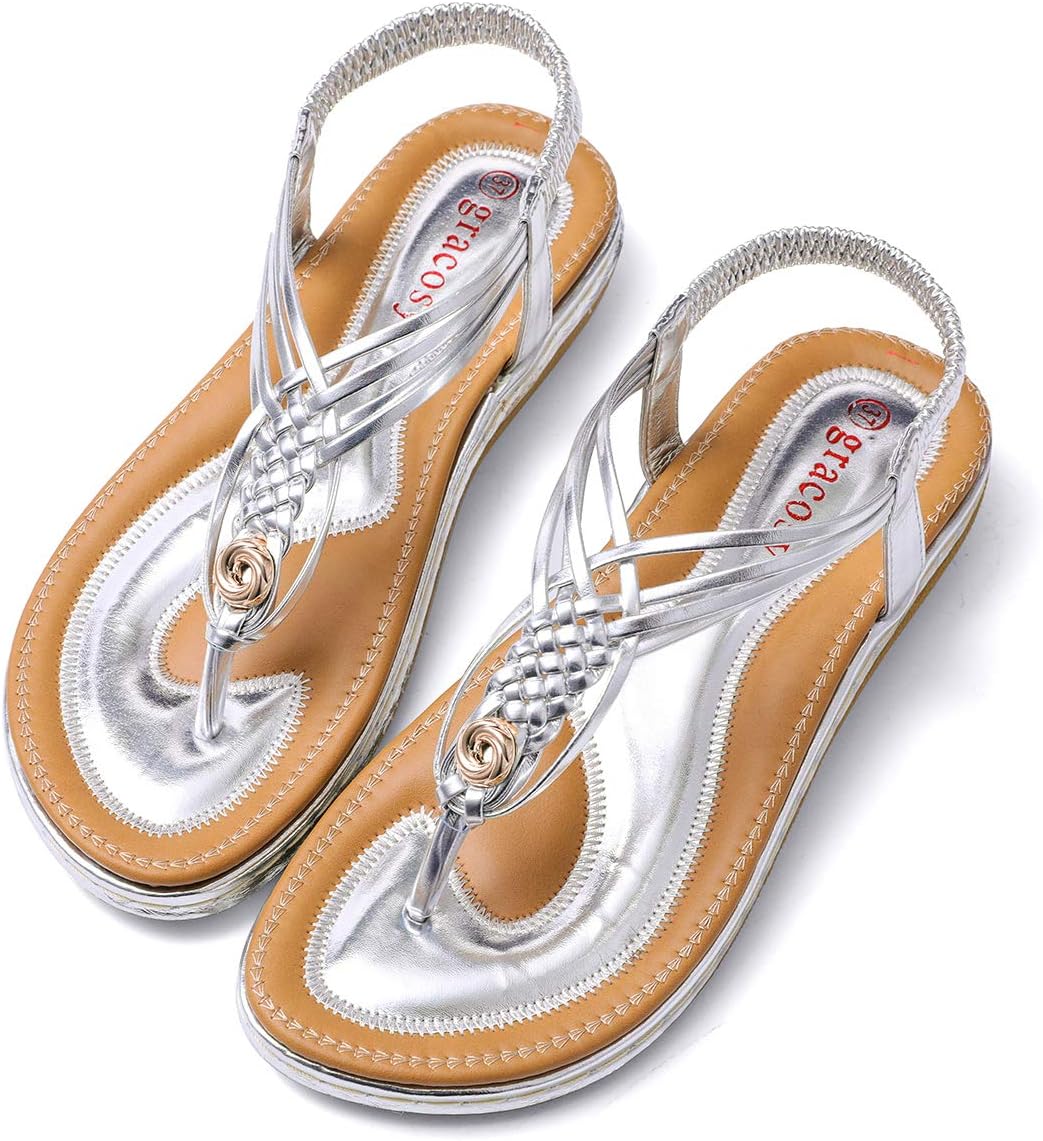 Womens Sandals Summer Beach Flip Flops Thongs Ladies Bohemian Wedge Shoes Elastic T-Strap Braided Flat Sandals Clip Toe Boho Slingback Casual Vacation Walking Shoes Anti Slip Wide Fit Size 4-8