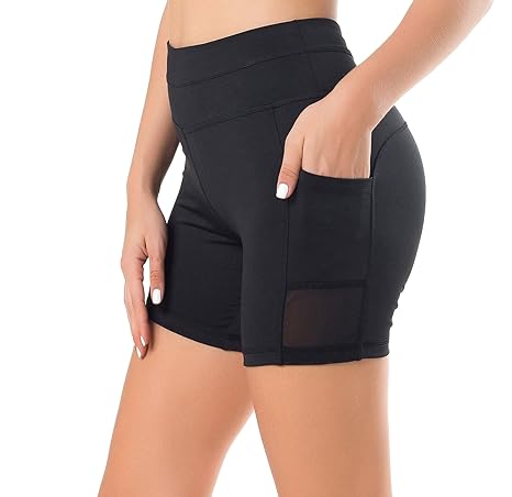 Sudawave Damen Mesh Radlerhose Kurze Leggings Yogahose Sporthose Shorts mit Taschen für Fitness
