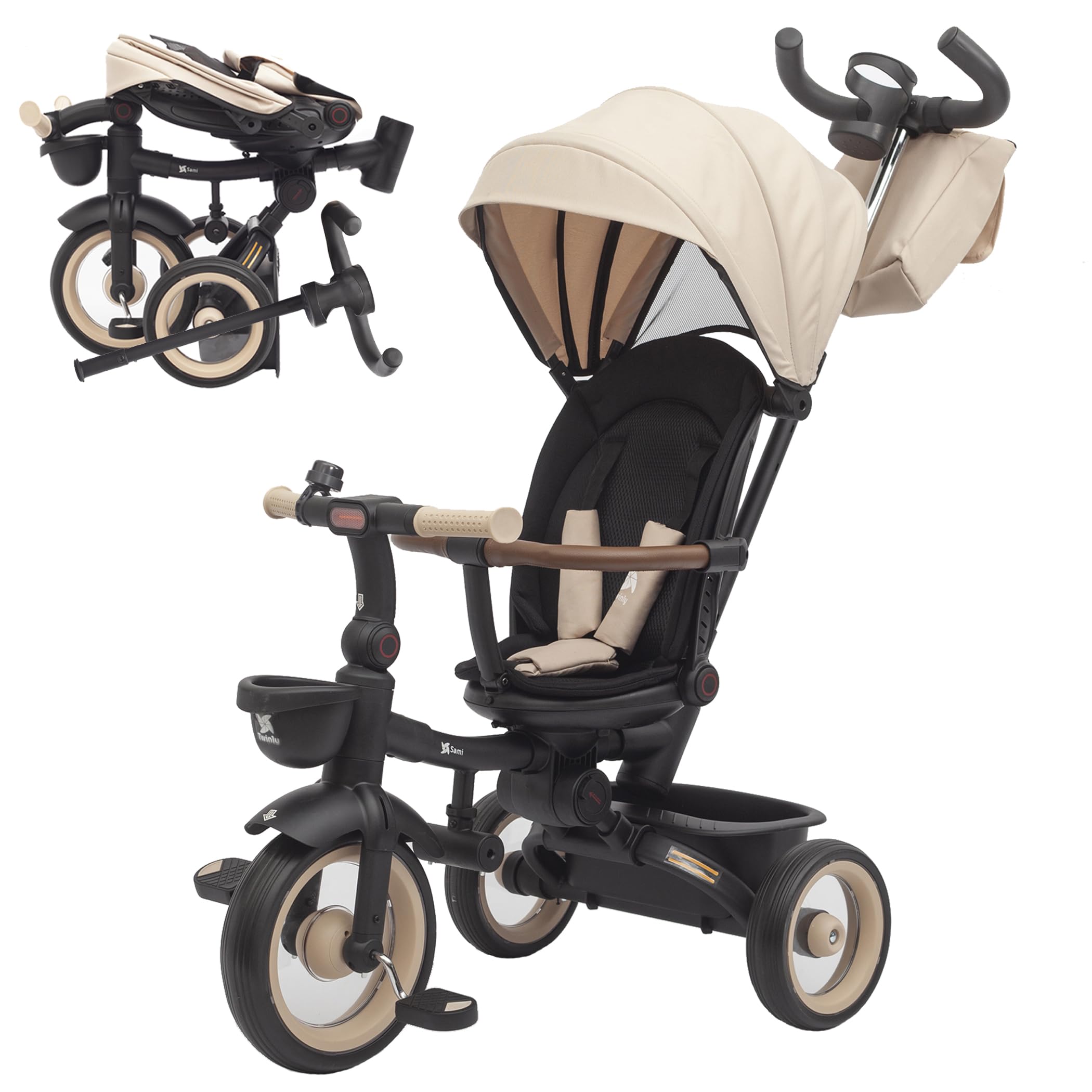 Twinly Foldable Baby Trike 1–5 Years with Reclining and Reversible Seat – Grows with Your Child, 5-Point Safety Harness, Brake and Protective Bar SAMI (Beige)