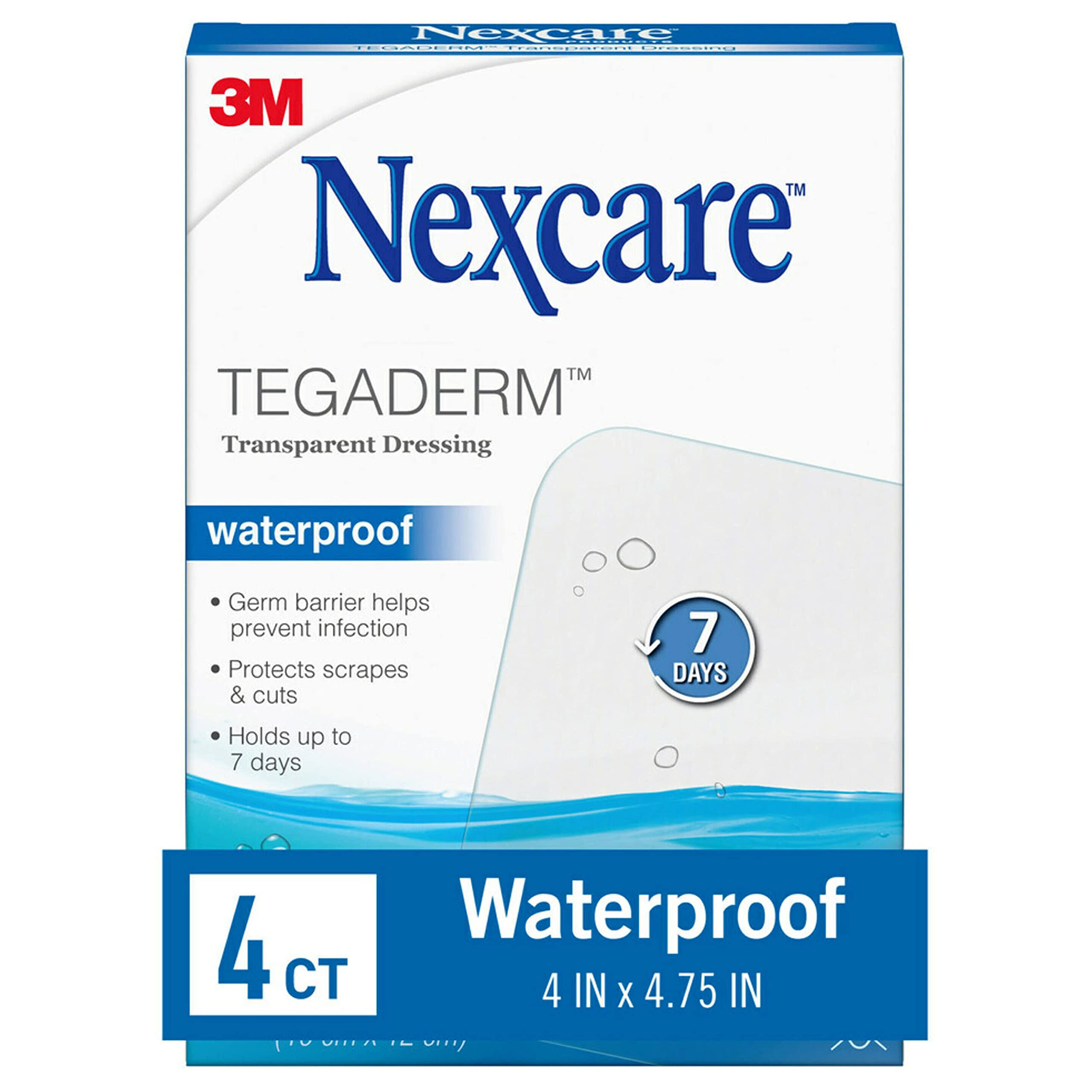Nexcare Tegaderm Waterproof Transparent Dressing, Comfortable, Stretchy, Wear Up to 7 Days, 4-Inches X 4-3/4-Inches, 4 Count