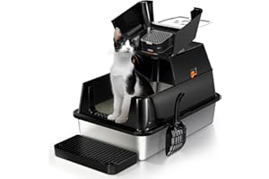 Eosarcu Stainless Steel Cat Litter Box with Lid, 180° Flip-Top XL Extra Large Enclosed Litter Box, Covered Metal High Sided Litter Pan with Steps & Scoop, Easy Cleaning, Odor Control,Non-Sticky-Black