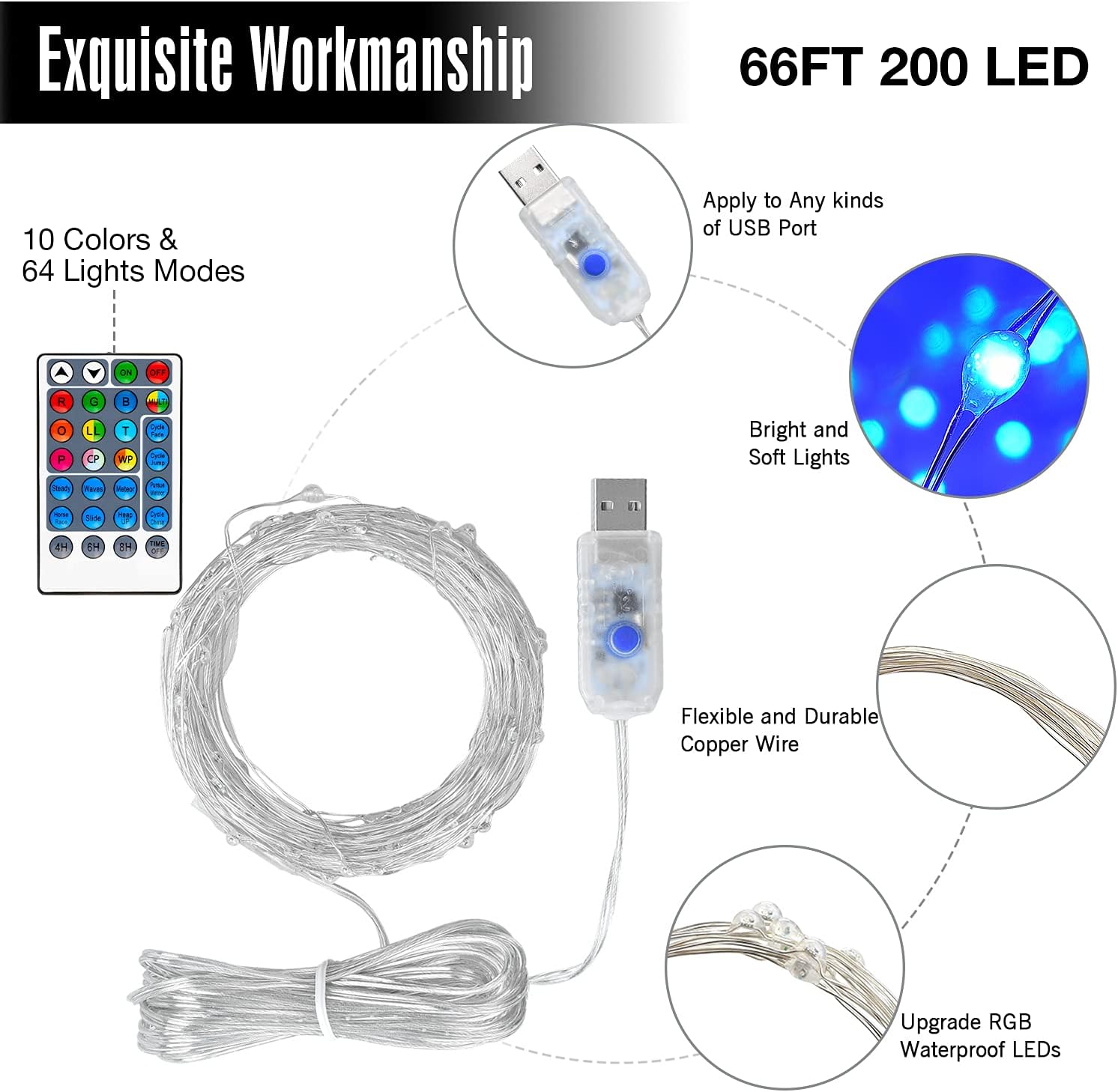 Ollny Fairy Lights Color Changing 200 LED 66 FT RGB Copper Wire multicolor Fairy Lights USB Powered with 10 Colors 64 Functions Remote&Timer String Lights for Indoor Outdoor Decoration Party Christmas: Home Improvement