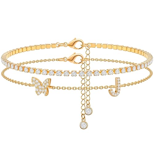 Kenivira 14K Gold Anklet for Women Tennis Butterfly Initial Ankle