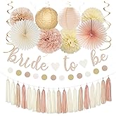 Champagne-Gold Beige Fall Bridal-Shower Party-Decorations - 36pcs Bride To Be Banner,Bachelorette Paper Lanterns,Wedding Streamers Garland,Boho Peach Tissue Pom Poms Flower Fan Decor Supplies Burgleda