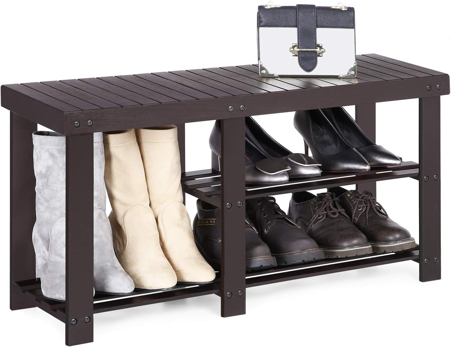 SONGMICS Bamboo Shoe Rack Bench for Boots, Entryway Storage Organizer, 3 Tiers Shoe Shelf, Multi Function for Hallway Bathroom Living Room Corridor and Garden, Brown: Kitchen & Dining