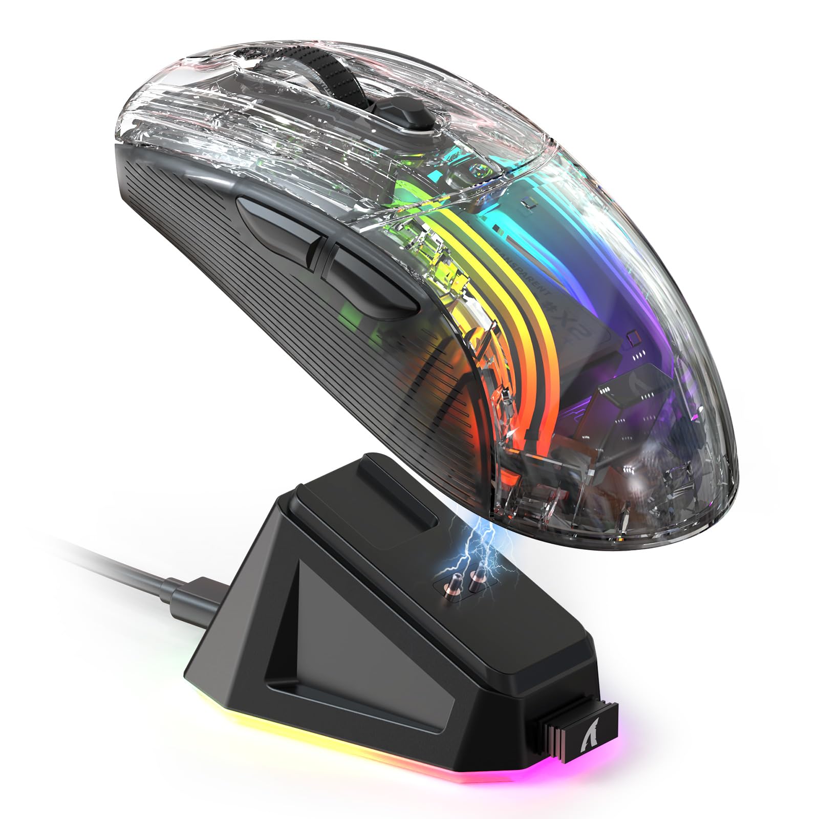 ATTACK SHARK X2 Pro Wireless Gaming Mouse with RGB Charging Dock,Tri-Mode PC Gaming Mice 2.4G/Bluetooth/Wired,Noiseless Mouse RGB Backlit,Transparent Shell,PixArt 3212 4000 DPI,for Win/MAC,Black