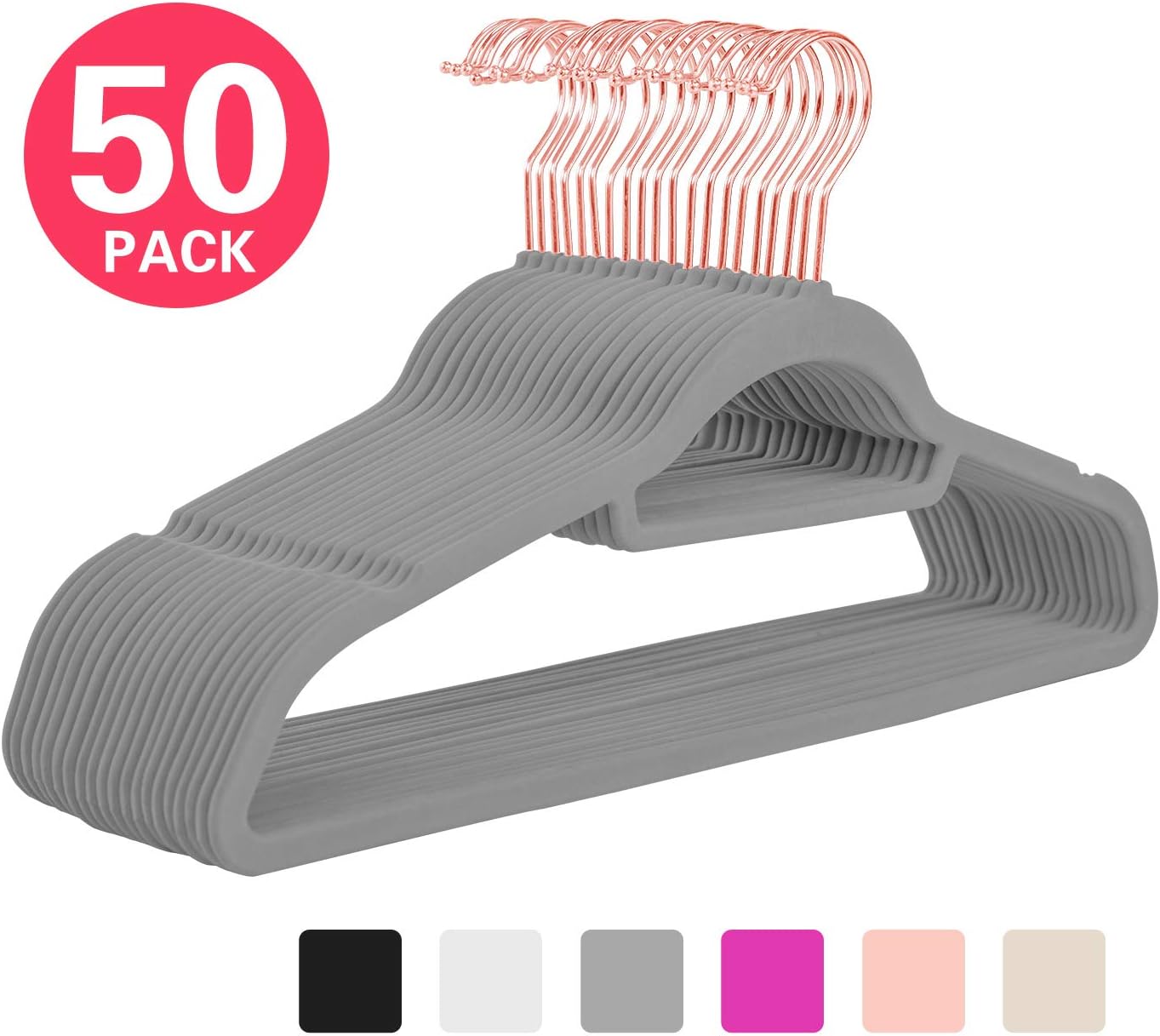 MIZGI Premium Velvet Hangers - Pack of 50 -Gray - Copper/Rose Gold Hooks - Non-Slip Suit Hangers, Clothes Hangers Bonus Accessory Tie Bar for Suits, Pants, Dresses