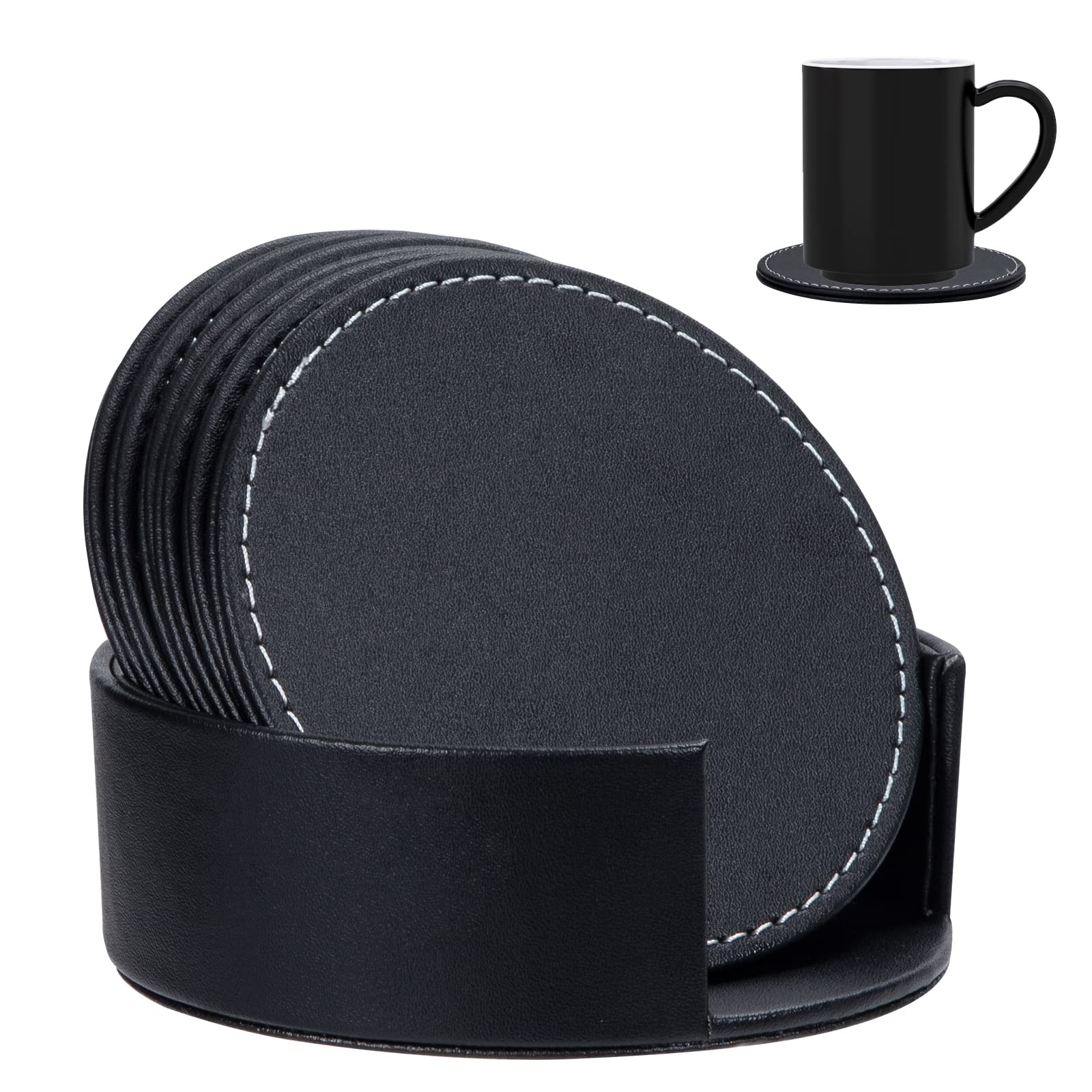 Drink Coasters PU Leather Coaster Black Cup Pad Round Coffee Drink Mat for Home and Bar Set of 6 with Holder