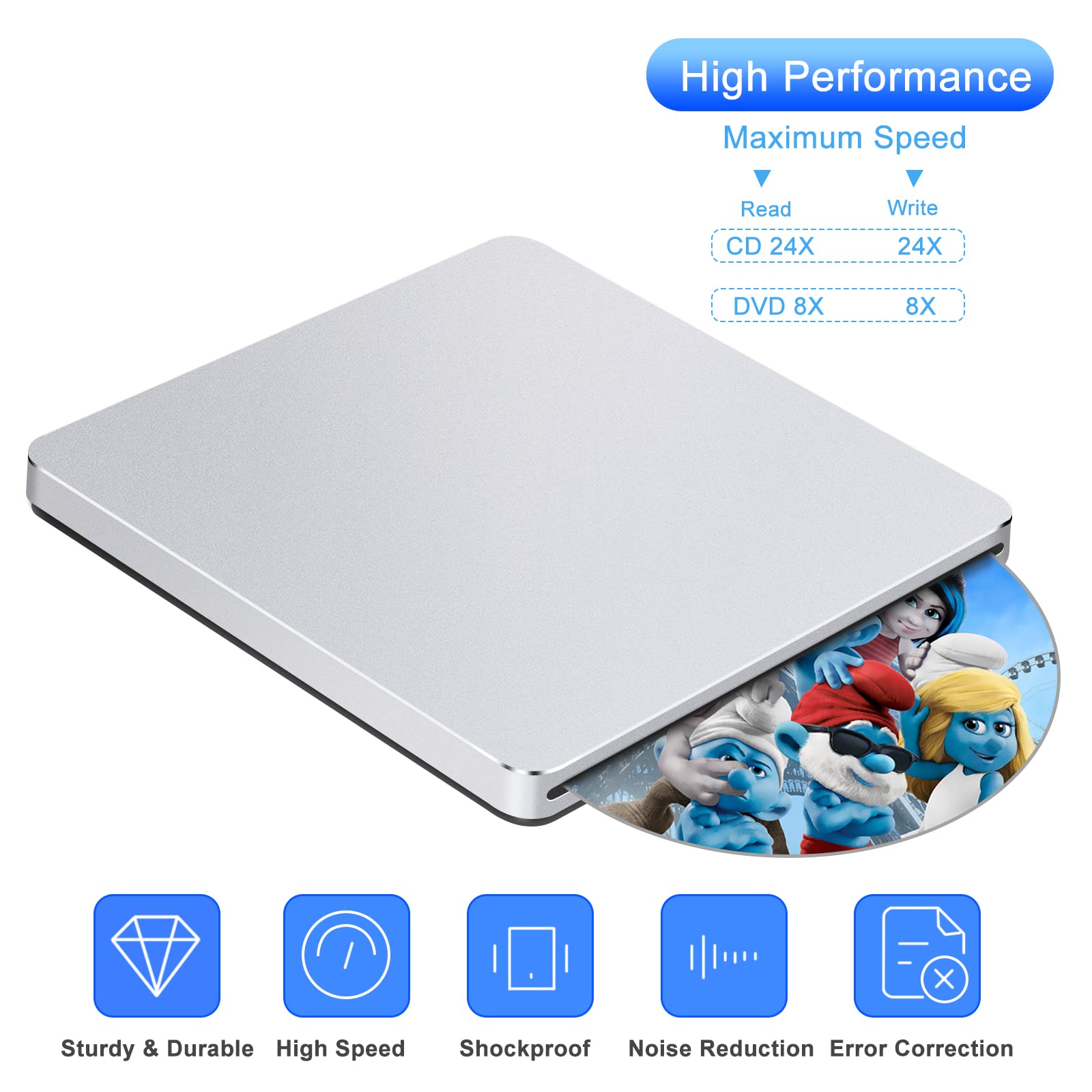 Guamar External CD Drive for Mac: USB 3.0 Superdrive for Apple MacBook - Slim & Portable Slot-in DVD Burner for Laptop PC Windows with USB-C Adapter - Plug & Play Aluminum (Silver)