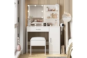 VABCHES Makeup Vanity Desk with Lighted Mirror & Power Strip,Makeup Vanity Table with Lights and Lots Storage,3 Lighting Modes,35in Large Drawers Dressing Table,White