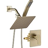 All Metal Shower Faucet Set, Dual Square Shower Head System with Handheld Wand, Diverter, Hose Complete Combo, Pressure Balan