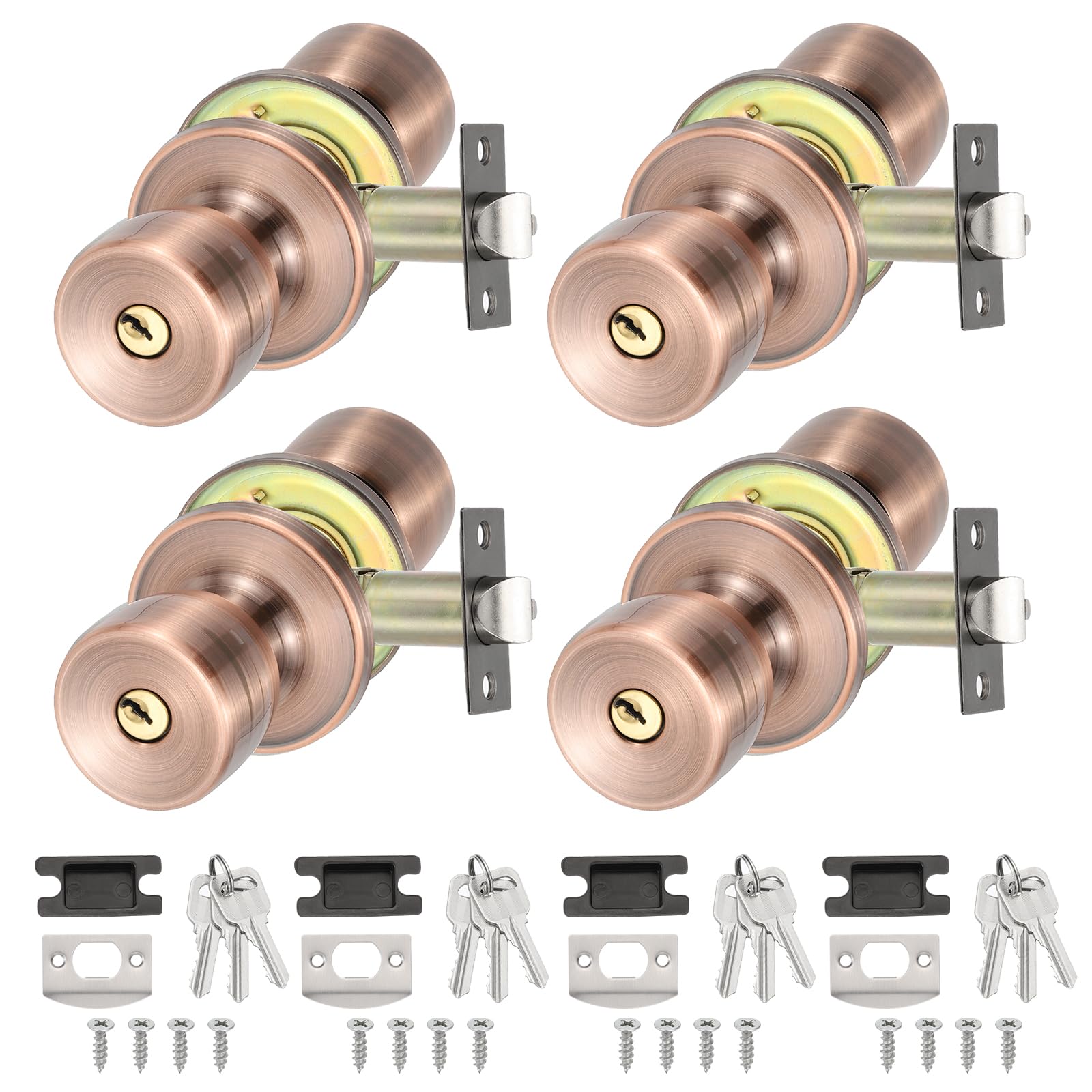 PATIKIL Key Entry Door Knobs Interior, 4 Pack Round Zinc Alloy Bedroom Bathroom Door Knob with Lock Entry Indoor Outdoor Door, Red Bronze