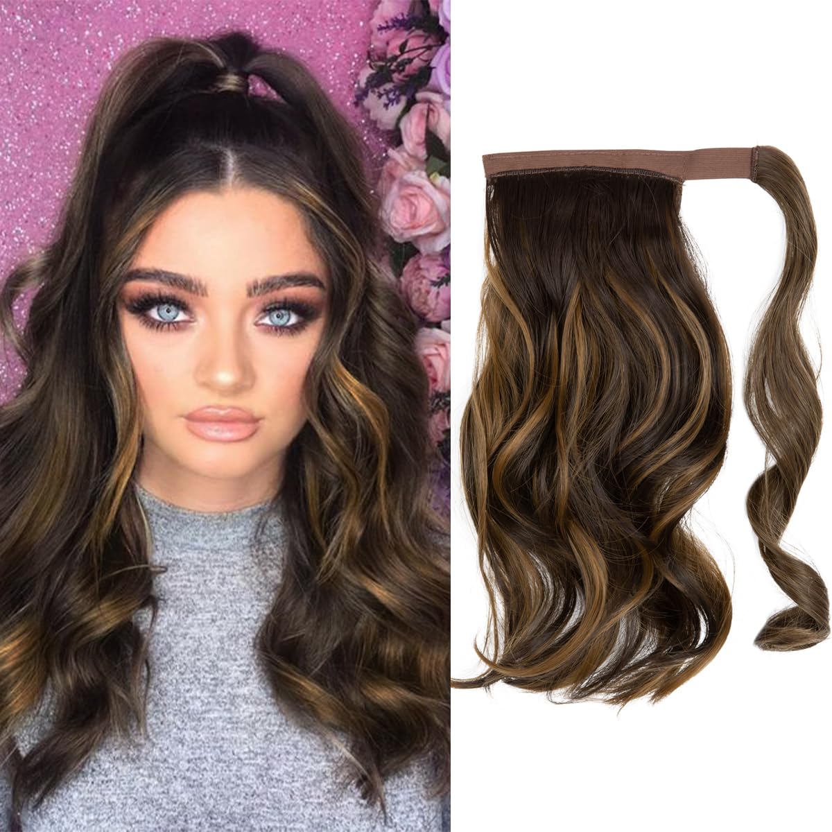 Photo 1 of CJL HAIR 14" Short Ponytail Hair Extension Wrap Around Pony Tail Clip in Curly Wavy Synthetic Fake Hairpiece for Women Dark Brown/Golden Blonde