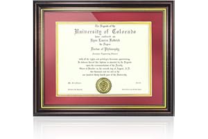 Asmileindeep 11x14 Diploma Certificate Frame, 8.5x11 Diploma Frame with Red Over Gold Mat for Document Certificate, Red Brown Finish Document Degree Frame with Gold Beads HD Plexiglass for Wall and Desktop Display