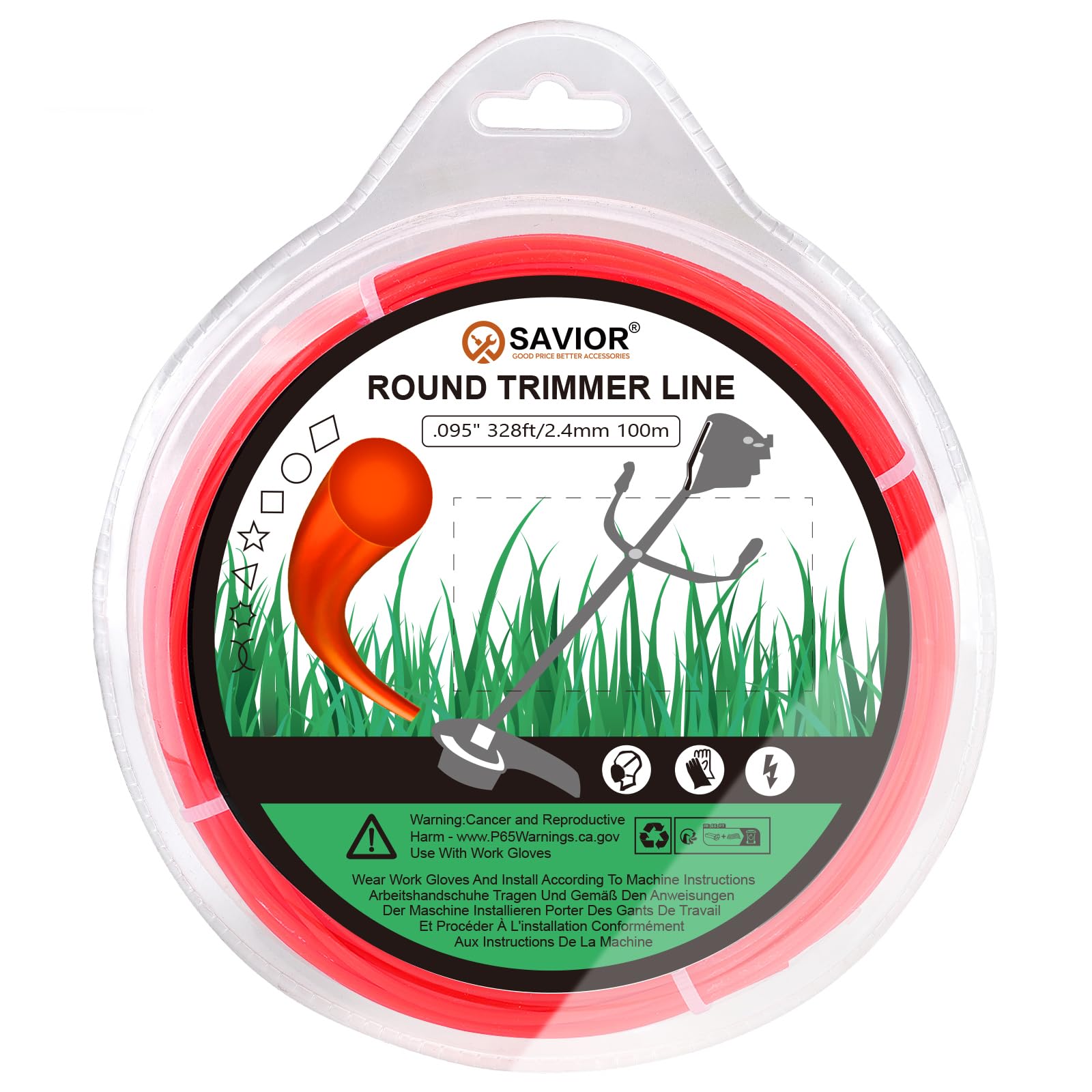Savior 100M 2.4mm String Strimmer Line Heavy Duty Strimmer Wire Trimmer Line Nylon Grass Strimmer Cord for Park Garden Weeds Flower Beds Field Lawn (2.4mm x 100m Round)