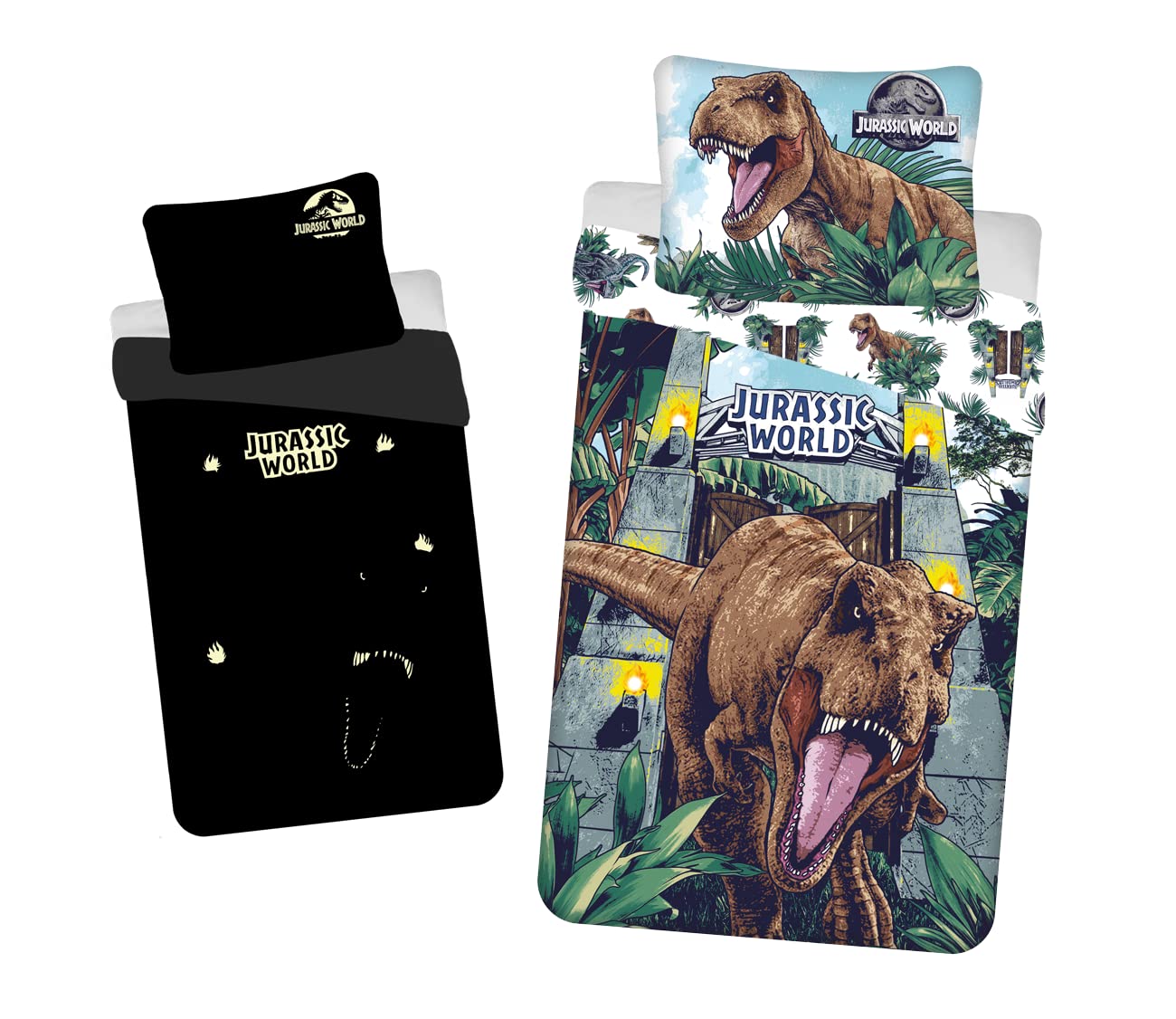 Jurassic World Dinosaur Bedding Set, Glow in the Dark Duvet Cover 140 x 200 cm + Pillowcase 70 x 90 cm, 100% Cotton