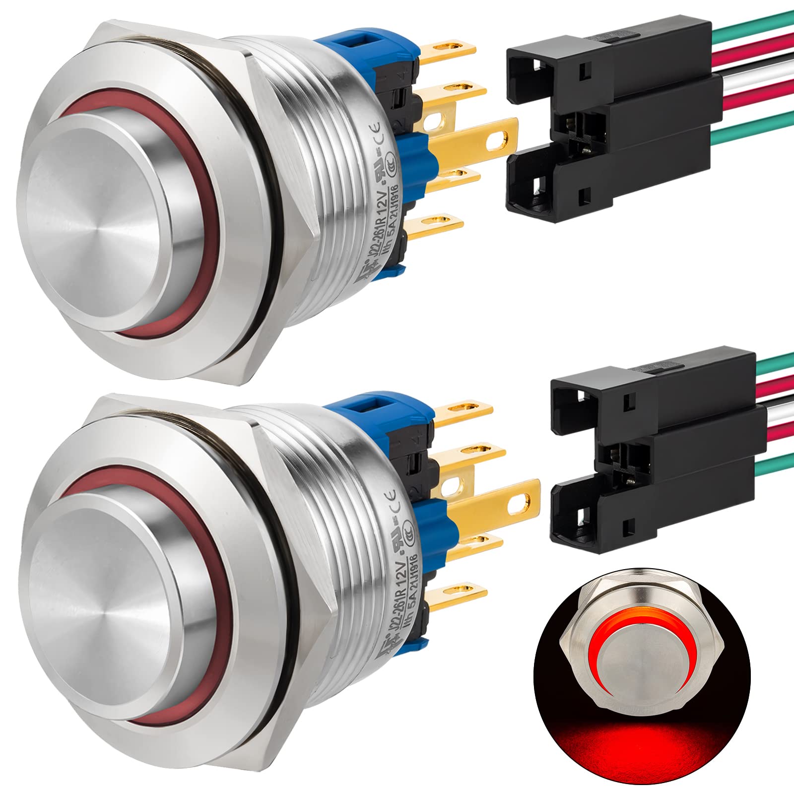 Photo 1 of 22mm Push Button Switch Momentary Latching High Round Waterproof IP67 On Off Stainless Steel 304 with 12V LED for 7/8" with Wire 2PCS (Red, Momentary,12V)