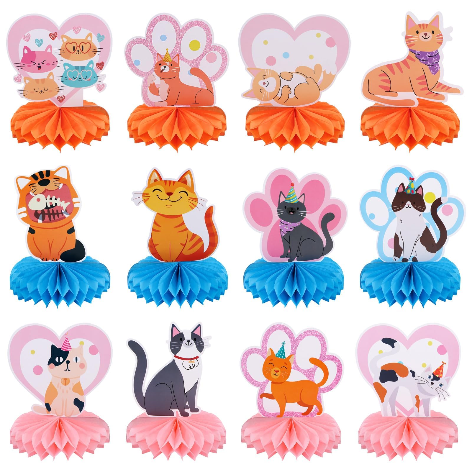 12 Pack Cat Honeycomb Centerpieces Birthday Party Table Decorations Cat Paw Tabletop Centerpieces for Kitten Pet Birthday Celebration Baby Shower Party Supplies Cat Theme Table Topper Sign Decoration