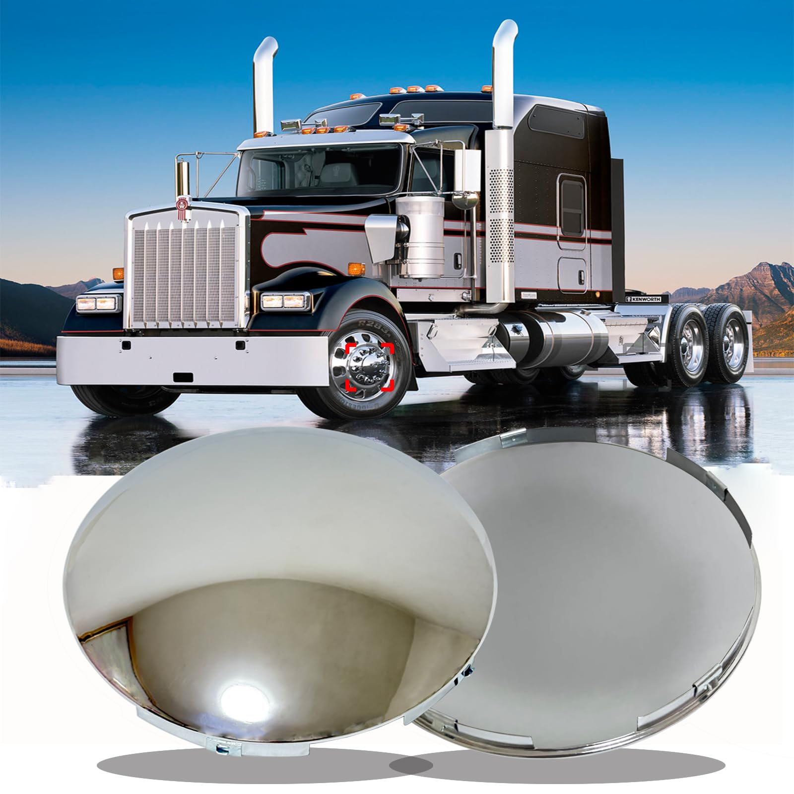 Photo 1 of 2 pcs Chrome Hub Covers for Semi Truck Hub Caps- 5 Even Notched - for Front Wheel 8-23/32" Hub Caps,Lip: 7/16" with pre-Installed Clips Semi Truck Hub Covers Dome Metal Replace MW1273BK ACX43200