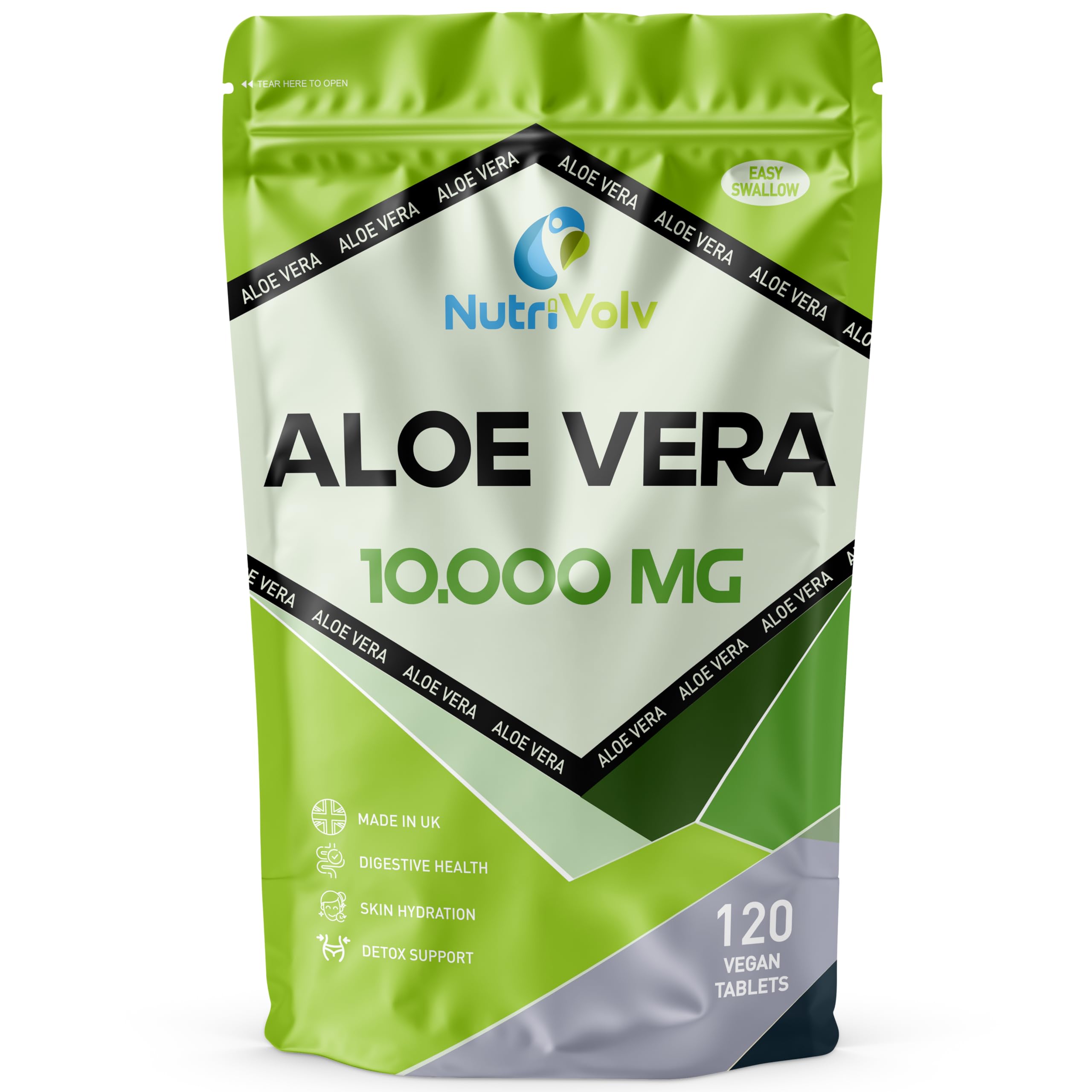 NutriVolv Aloe Vera 10,000mg - 120 Tablets | Natural Skincare, Colon Cleanse & Digestion Support | Detox & Immune Boosting Supplement | High Strength Aloe Vera Extract