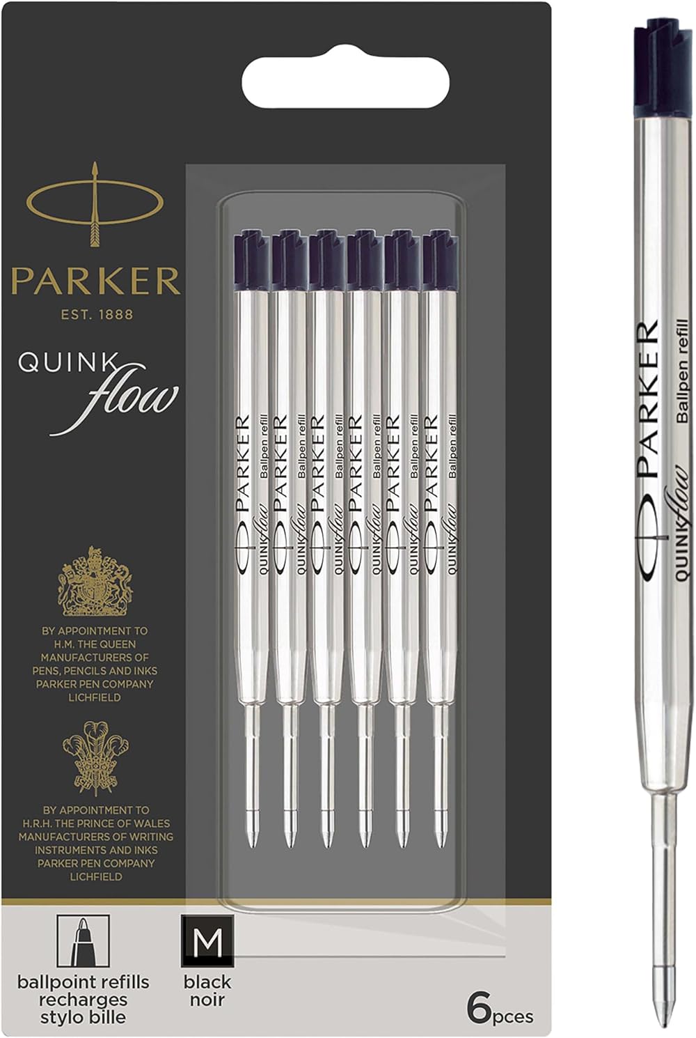 Parker Ballpoint Pen Refills Medium Black QUINKflow Ink 6 Count Pack