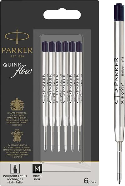 Parker Ballpoint Pen Refills Medium Black QUINKflow Ink 6 Count Pack