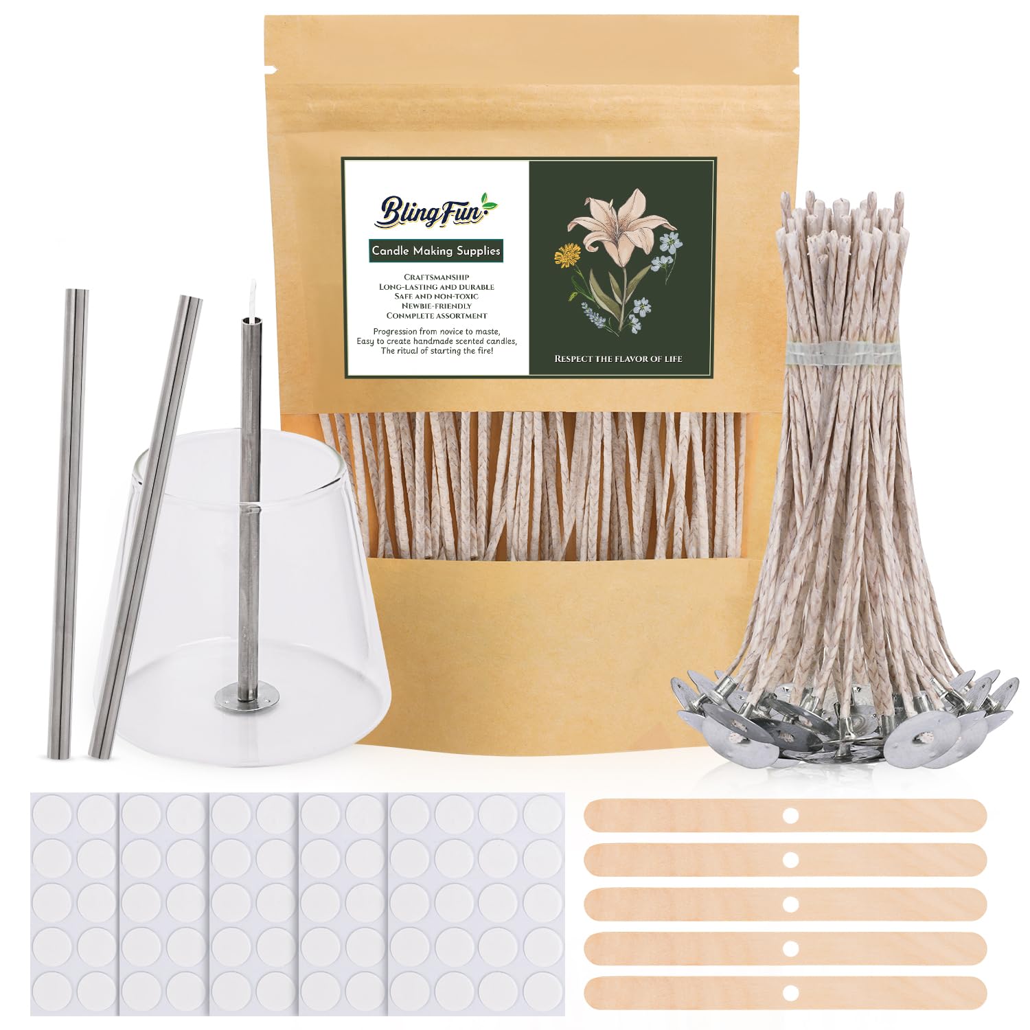 Photo 1 of 200pcs Natural Candle Wick kit,100pcs Wick Stickers with 5pcs Wick Holders and 2pcs Wick Placing Tube?for Soy Wax, Beeswax, Coconut Wax - DIY Candle Making Supplies for Beginners & Professionals