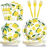 Wiooffen 96 Pcs Lemon Party Yellow Lemons Summer Party Decoration For Birthday Party Tableware Set Lemon Theme Party Paper Plate Napkin Fork 24 Guests