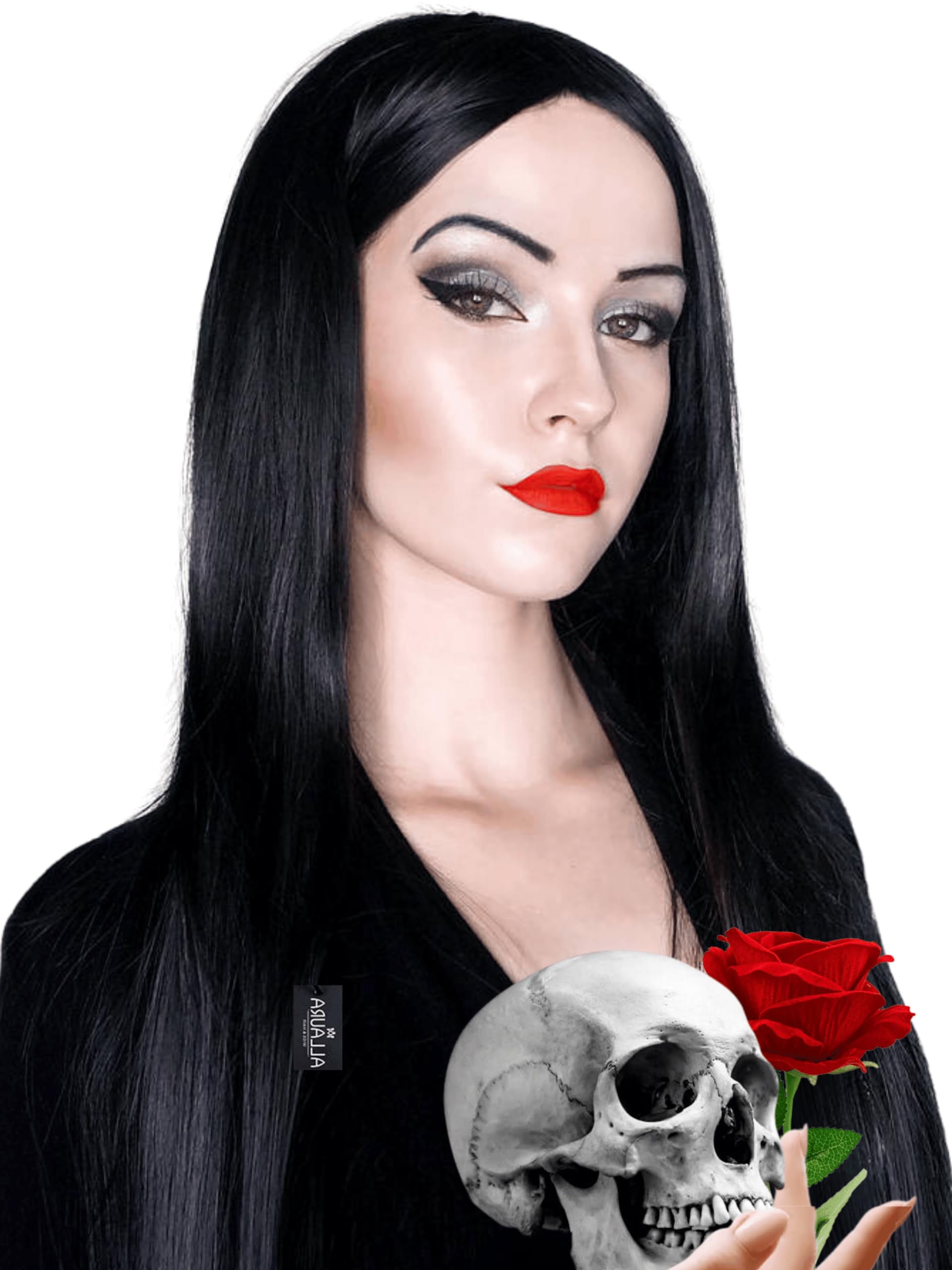 Photo 1 of ALLAURA Compatible with Morticia Wig – 32" Long Straight Black Wig for Women – Ideal for Cher Costume, Witch Look, 70s Disco, Halloween, Morticia Addams Cosplay, Glam Party, Retro or Gothic Outfits