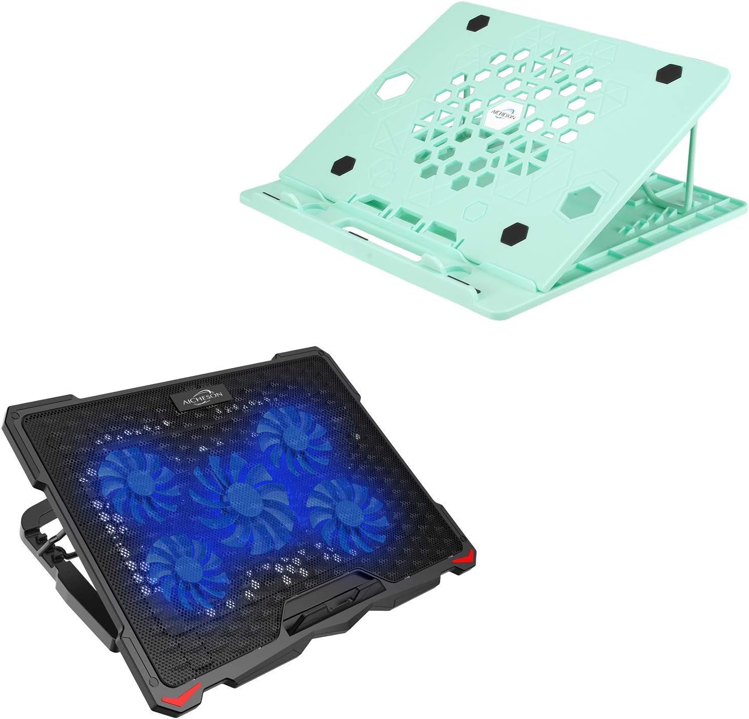 AICHESON X5 Green Laptop Stand & 5 Fans Blue Laptop Cooling Pad Combination Set, Ergonomically Multiple Heights