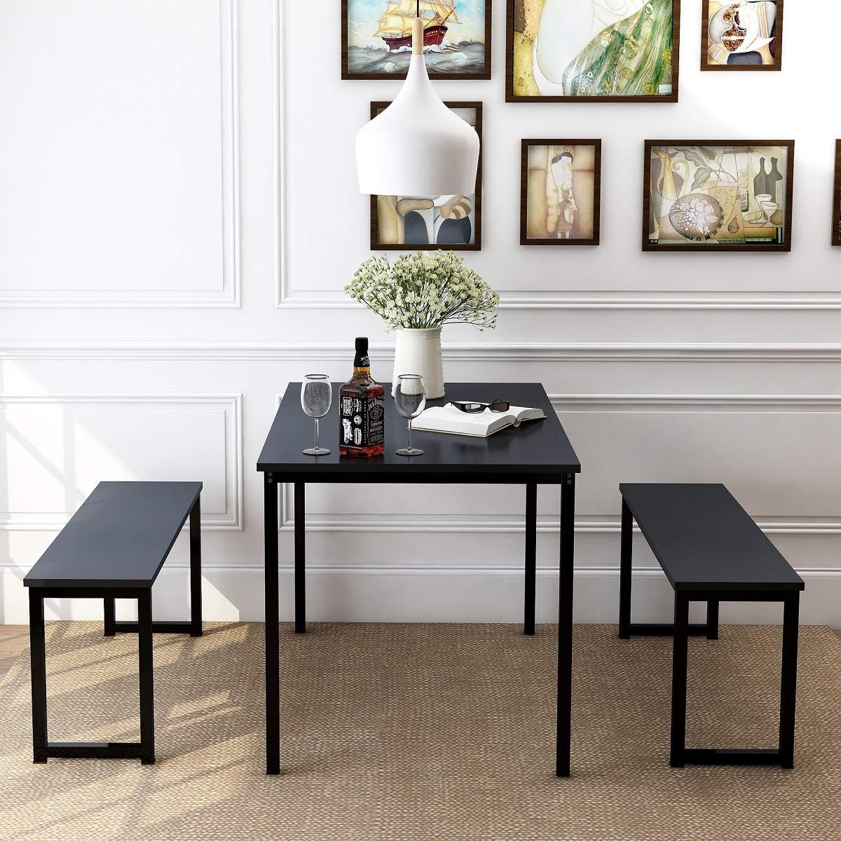 Rhomtree 3 Pieces Dining Set Table with 2 Benches Kitchen Dining Room Furniture Modern Style Wood Table Top with Metal Frame (Balck + Black) - Table & Chair Sets