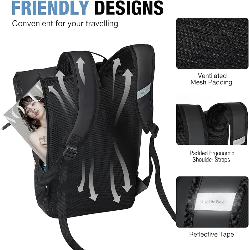 Rolltop Rucksack Damen & Herren, Elegant Laptop Rucksack Wasserdicht mit 17 Zoll Laptopfach, Großer Reiserucksack Tagesrucksack Schulrucksack für Reisen, Uni Schule, Arbeit - Schwarz