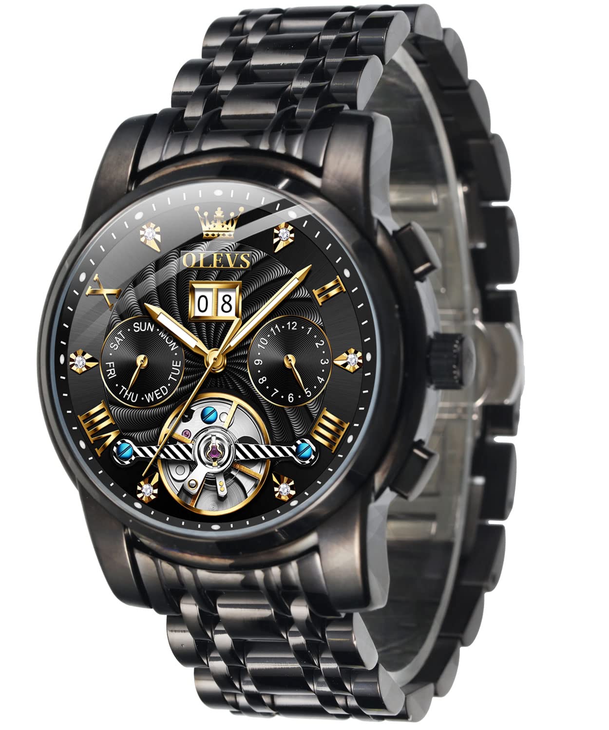 OLEVS Watch, Men's, Popular, Automatic Watch, Skeleton Wristwatch, Cool, Stylish, Noctilucent, Calendar, Date, Waterproof, all black, Bracelet Type