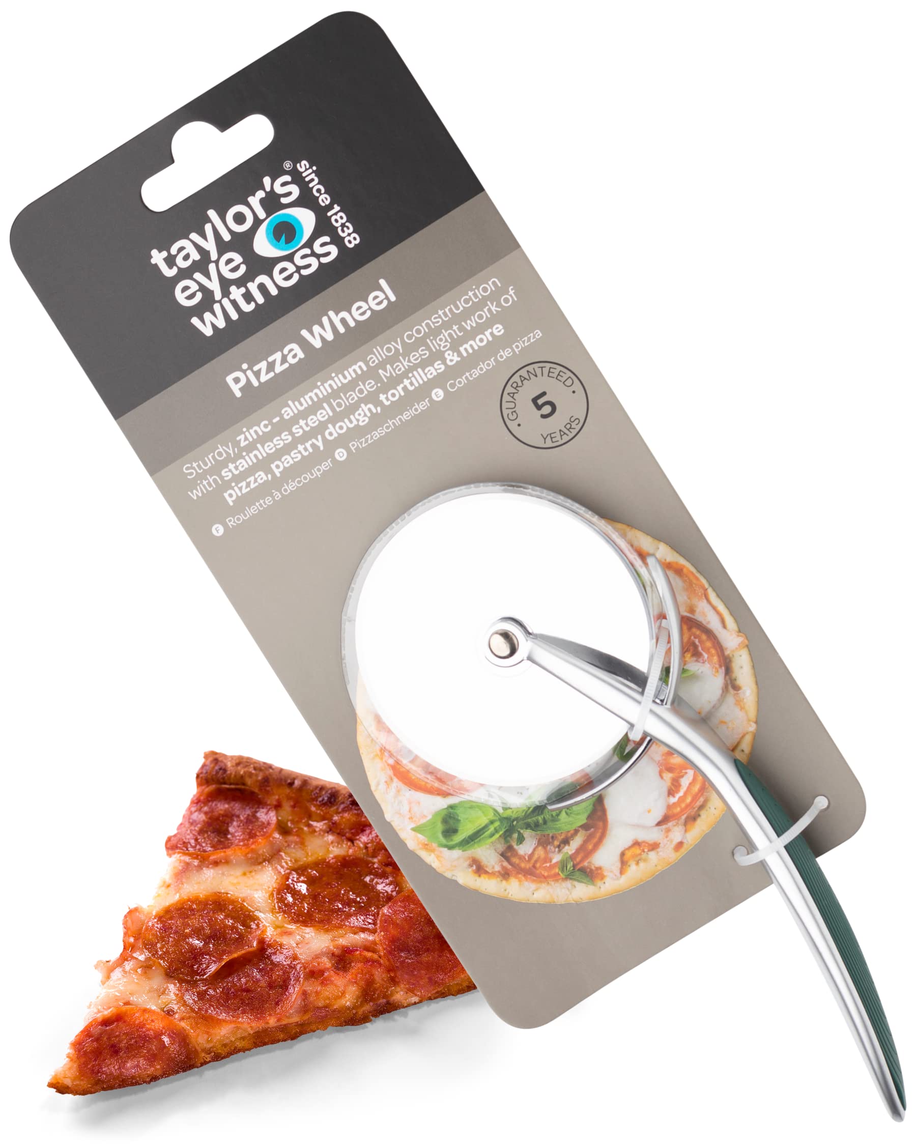 Aluminum Rolling Pizza Cutter Wheel - by Taylors Eye Witness. Blade with Stainless Steel Construction. Dishwasher Safe, Easily Glides Through Tough Dough with Guard to Protect Hands, Green Colour