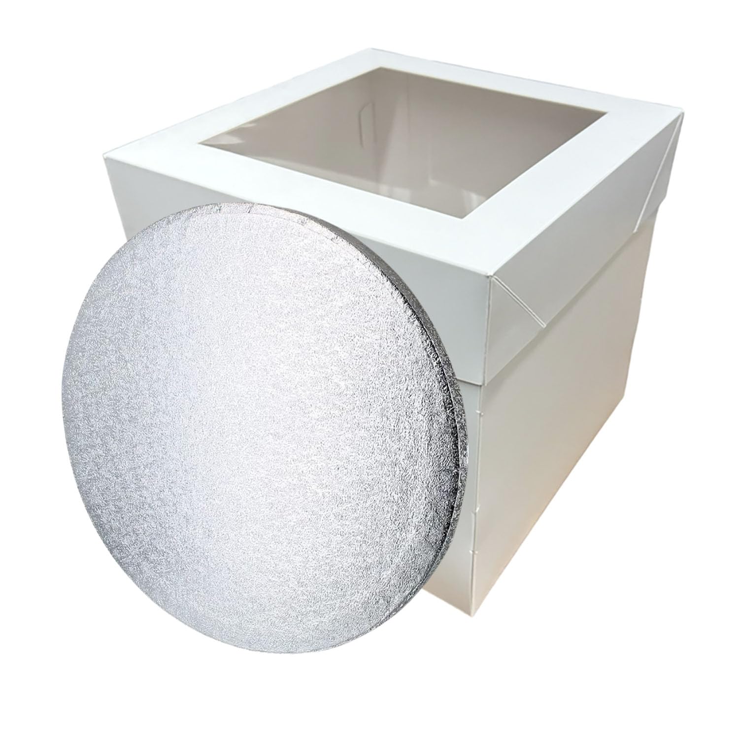 LARRYROO Tall White Cake Box Extra Deep with Clear Display Window & Silver Round Cake Drum Board Combo (10")