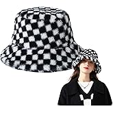 Eliaukly Womens Winter Fluffy Bucket Hat Checkered Pattern,Winter Faux Fur Bucket Hat Fluffy Warm Hat for Women Men