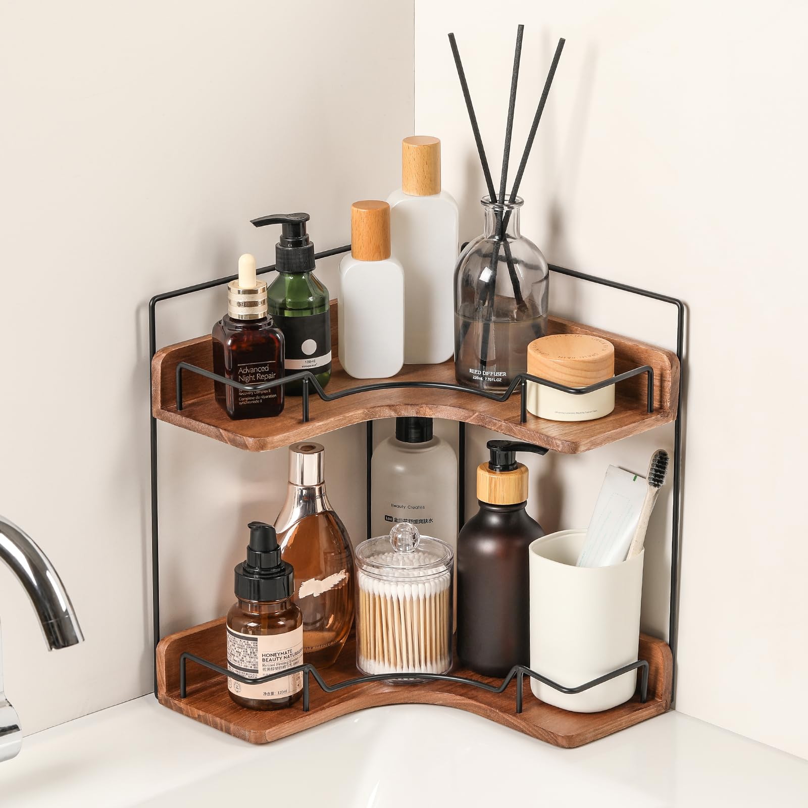 Photo 1 of **MISSING HARDWARE UNKNOWN**Snuvid 2-Tier Bathroom Counter Organizer, Wooden Corner Shelf for Vanity Countertop Skincare & Makeup, Storage and Organization for Kitchen