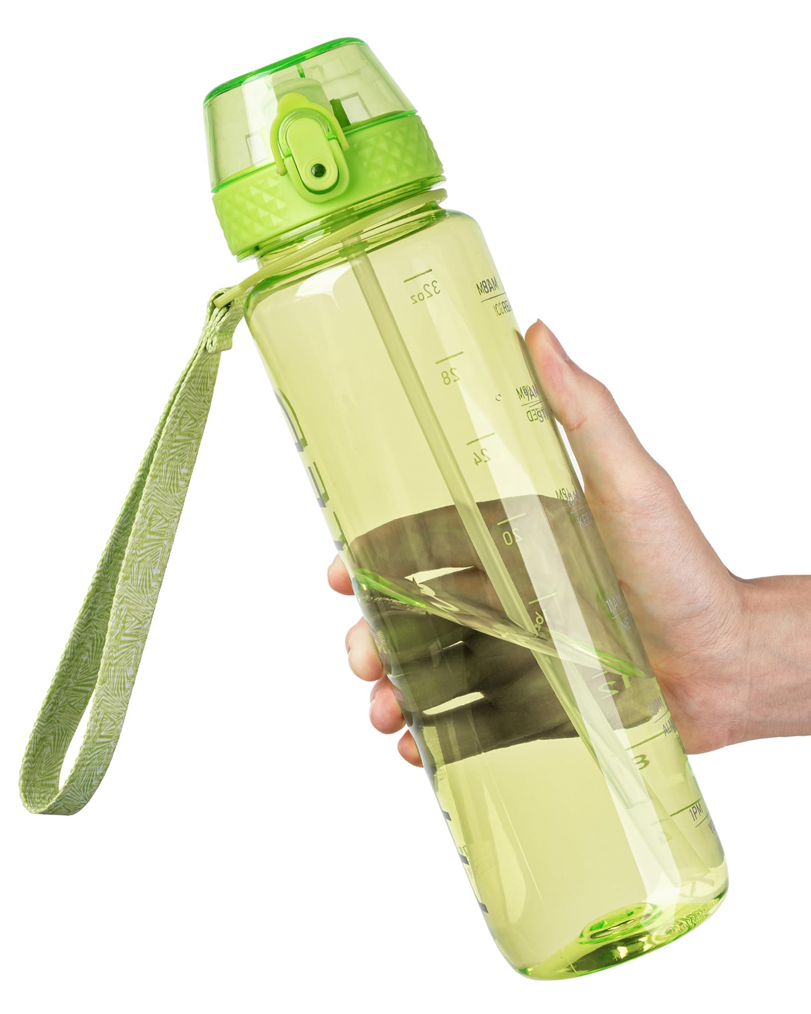 OLDLEY 1L Sports Water Bottle with Straw, Tritan 1 Litre Motivational Drink Bottle, BPA Free Leakproof Transparent Water Bottle with Time Marker for Cycling, School, Gym, Outdoor (Olive)