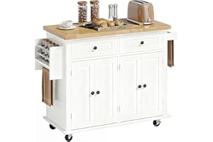 HOMCOM Kitchen Island Cart with Rubber Wood Top, Rolling Kitchen Island Table on Wheels with Drawers, Adjustable Shelves, Spice Rack and Towel Rack for Dining Room, White