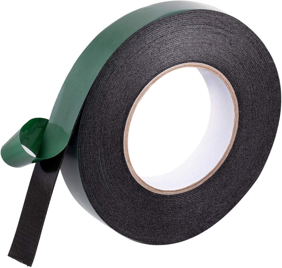 YoiYee 25mm x 10m Double Sided Foam Tape, Strong Sticky Adhesive Green Film Glazing Tape, PE Sponge Strip Sticky Mounting Tape, Black