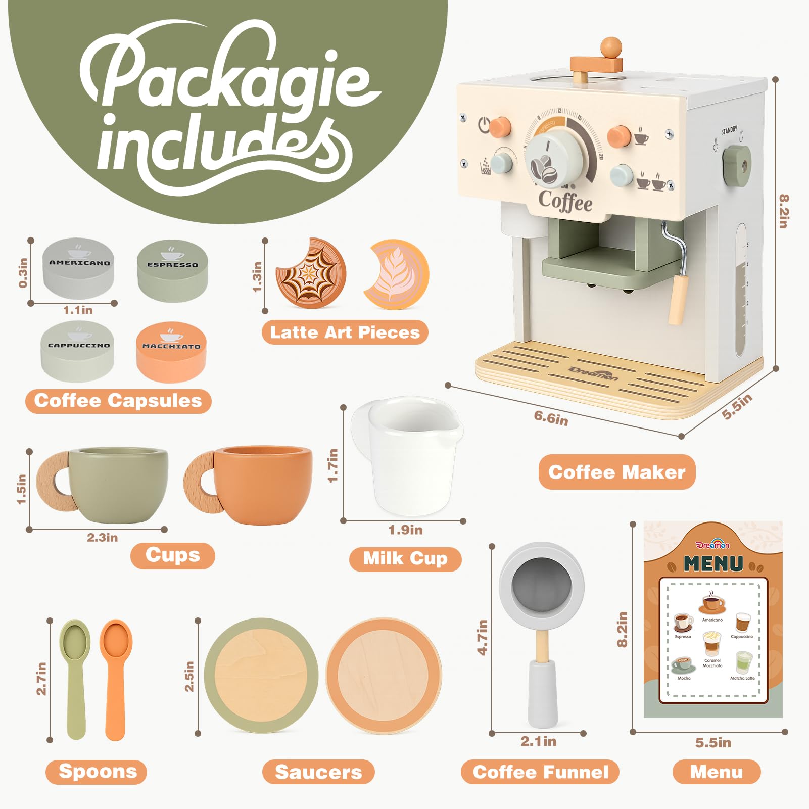 Dreamon Kaffeemaschine Kinder Holz, Kinderküche Zubehör 15 Teile, Montessori Spielzeug, Küchengeräte Kaffeeset Kinder Spielzeug, Küchen Spielzeug Geschenke Jungen und Mädchen ab 3 4 5 Jahre 6