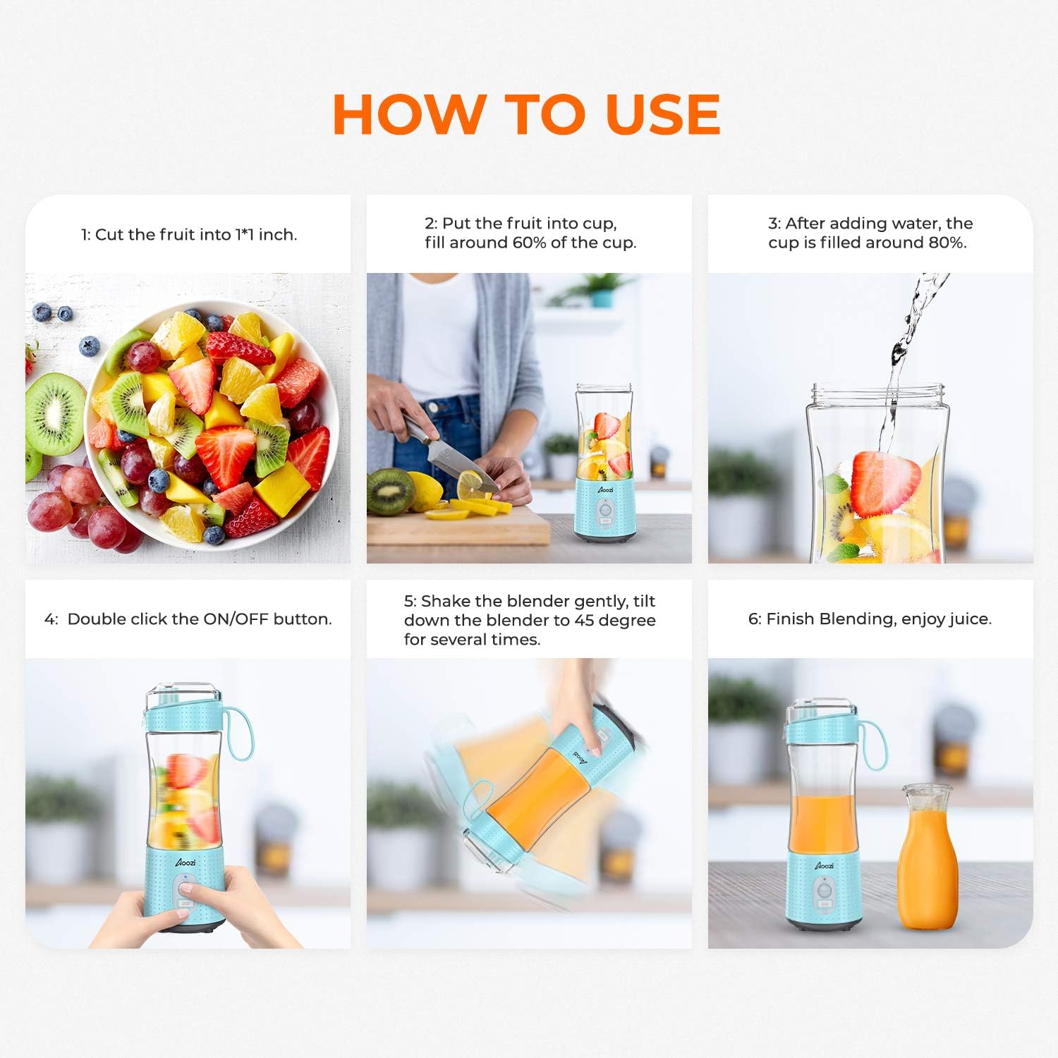 Portable Blender, Personal Size Blender Smoothies and Shakes, Mini Blender 4000mAh USB Rechargeable with Six Blades, Handheld Blender Sports, Travel, Gym (Blue): Kitchen & Dining