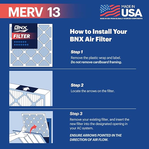 BNX TRUFILTER 16X20X1 AIR FILTER MERV 13 (4-PACK) – MADE IN USA – ELECTROSTATIC PLEATED AIR CONDITIONER HVAC AC FURNACE FILTERS FOR ALLERGIES, POLLEN, MOLD, BACTERIA, SMOKE, ALLERGEN, MPR 1900 FPR 10