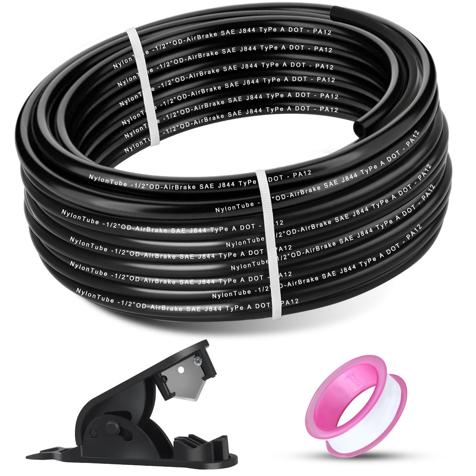 1/2" OD x 50FT DOT Air Line Tubing Kit Black SAE