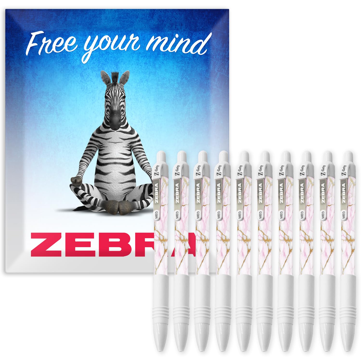 Zebra Pen Z-Grip Smooth Retractable Ballpoint Pens - 1.0mm Medium Nib - Black Ink - Glam White Marble - Pack of 10 - In Envelope Gift Packaging